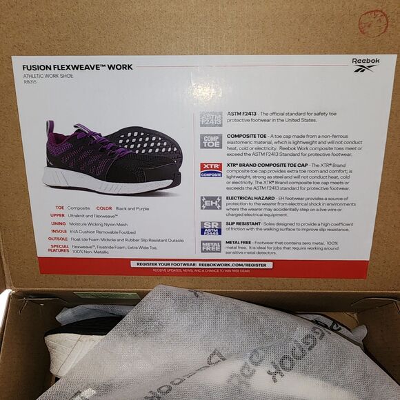 Reebok Fusion Flexweave Work Shoes Women 7.5 M BlackComposite Toe Missing Insole - Picture 4 of 16
